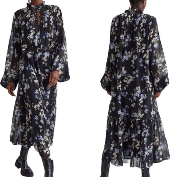 H&M Blogger Long Chiffon Dress Black Floral Large - Picture 2 of 14